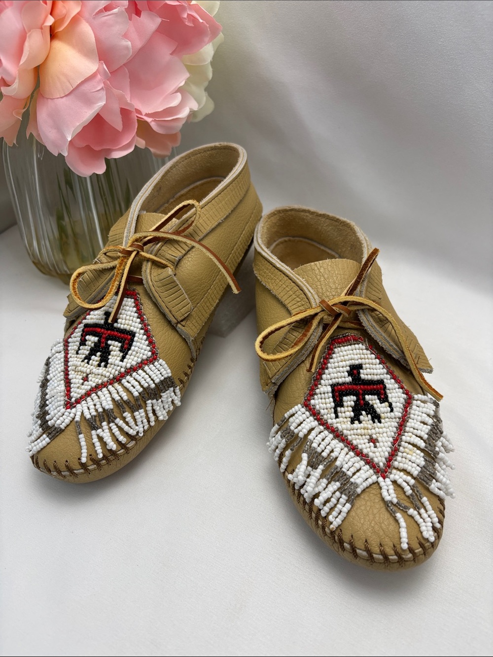 Minnetonka Tan Leather Moccasins with Beaded Accent
